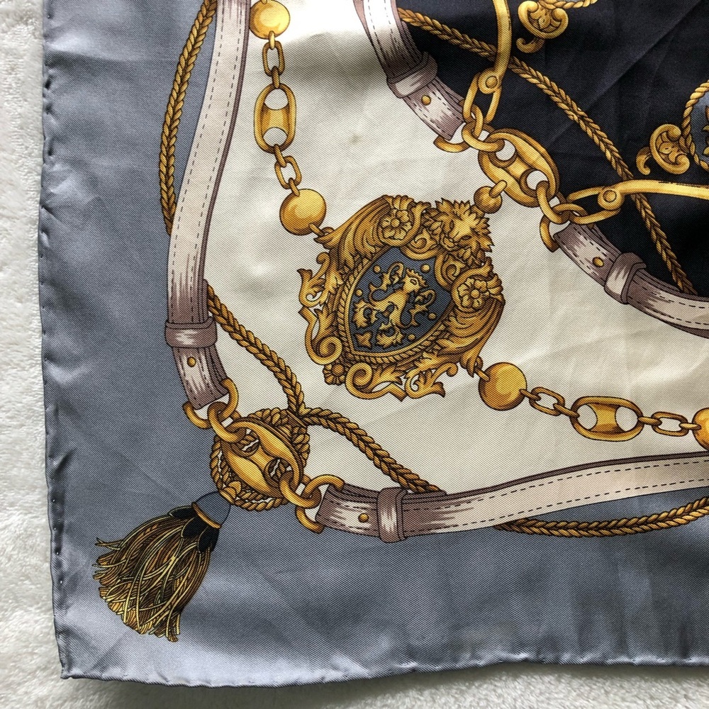 Silk Scarf - Gold Chains Tassels Filigree Design - Gray Black Cream Gold 34” - Picture 5 of 9